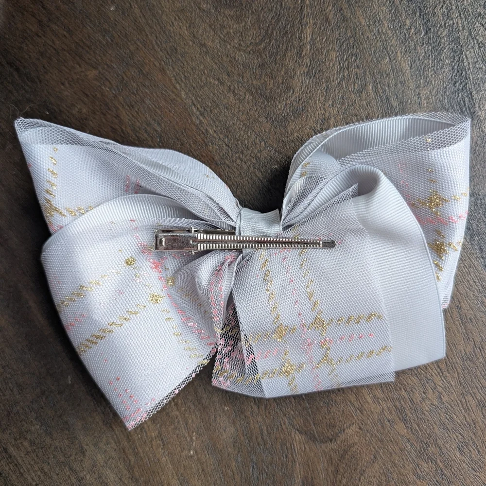 White, Gray, Black Hair Bow Clips Pink Gold Plaid Glitter